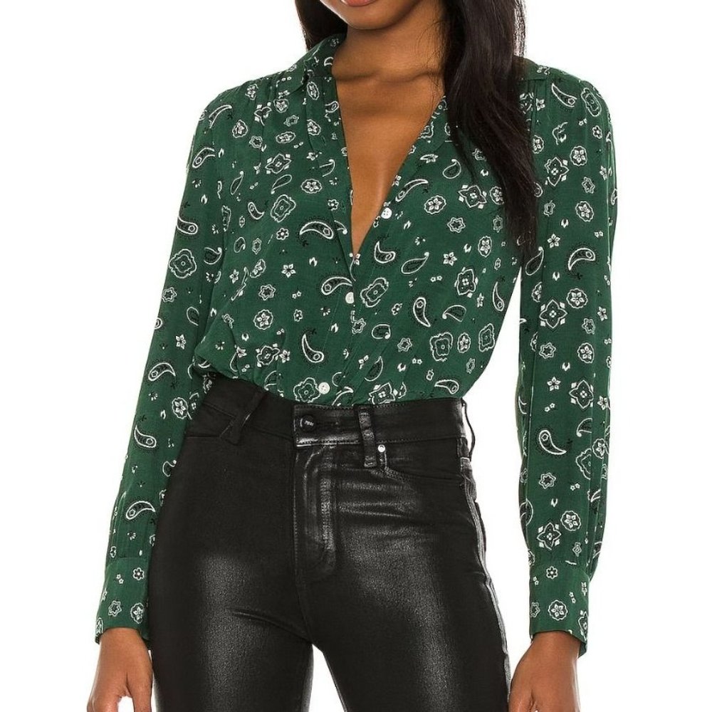 Rails Jesabel Forest Bandana Button Collar Top Shirt Women's Small Green Paisley